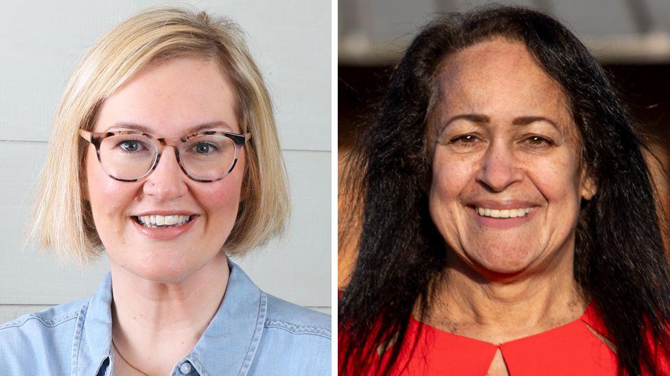 Two close-up images next to each other: One of a woman with blonde hair and glasses, smiling; one of a woman with black hair and a red top, smiling