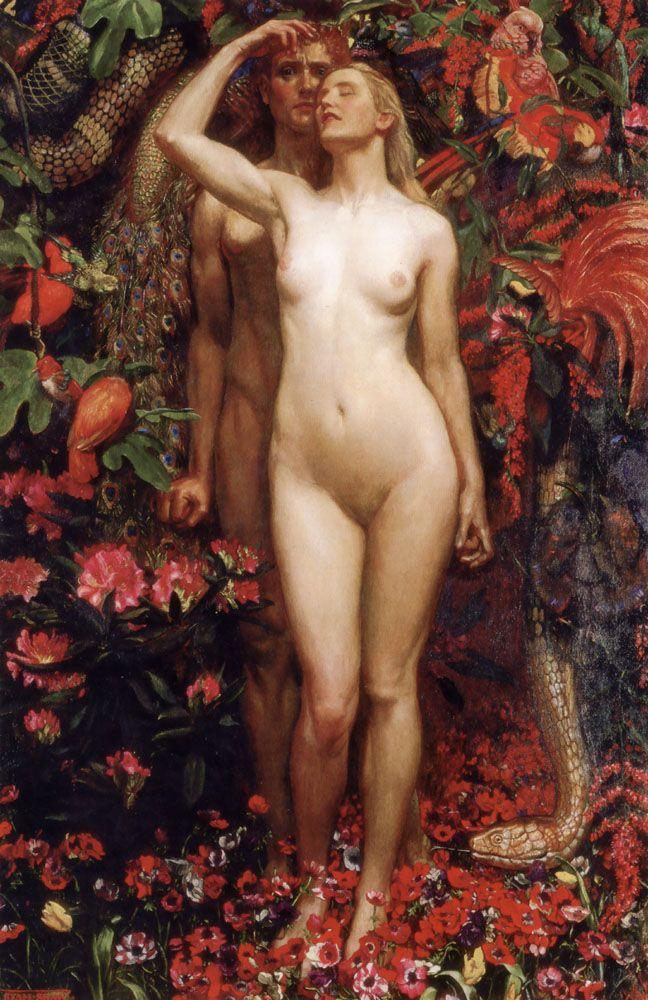 A mulher, o homem e a serpente, em obra de Byam Shaw, feita em 1911