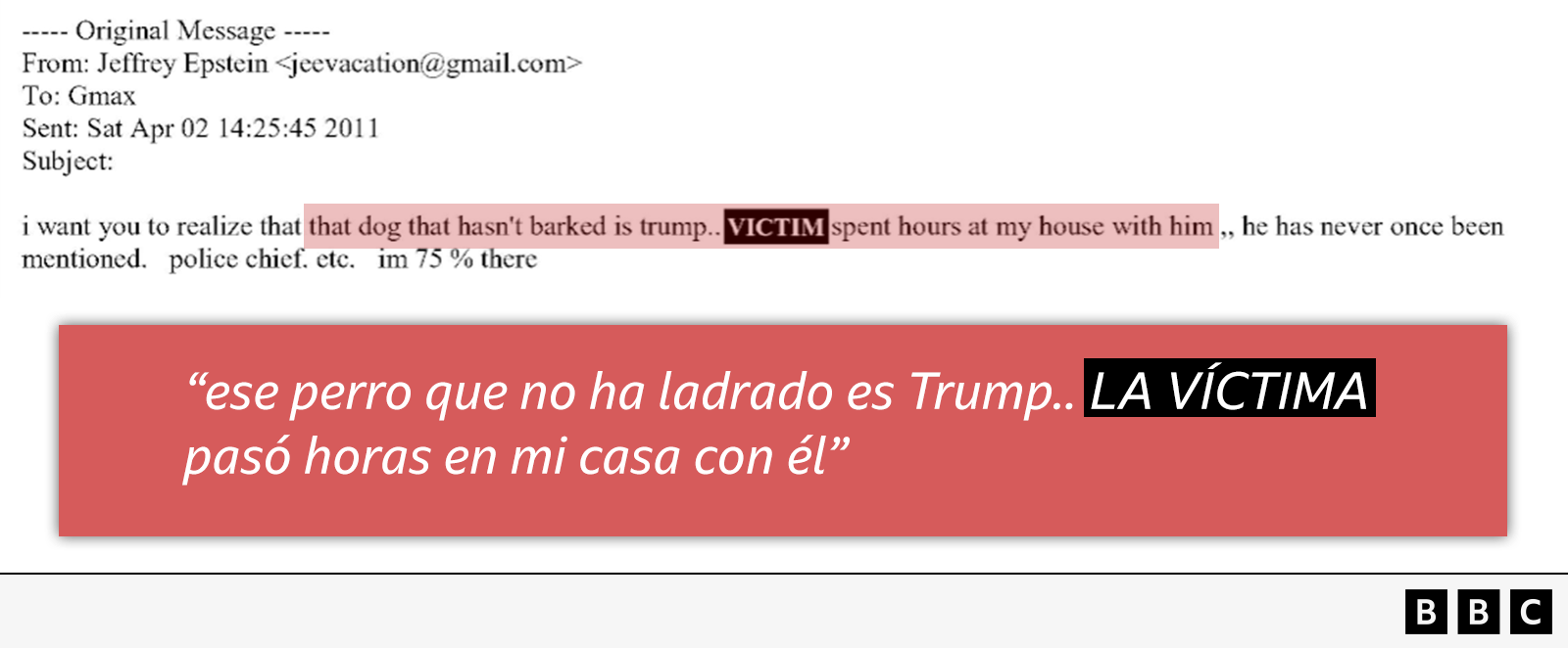 Captura de pantalla del correo electrónico que muestra la frase: "...ese perro que no ha ladrado es Trump… (la víctima) pasó horas en mi casa con él".