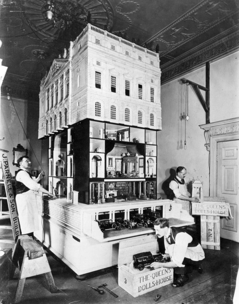 A black and white photo showing Queen Mary's Dolls' House