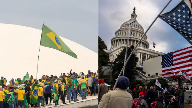Imagens da invasão à sede dos Três Poderes em Brasília e ao Capitólio em Washington, nos EUA