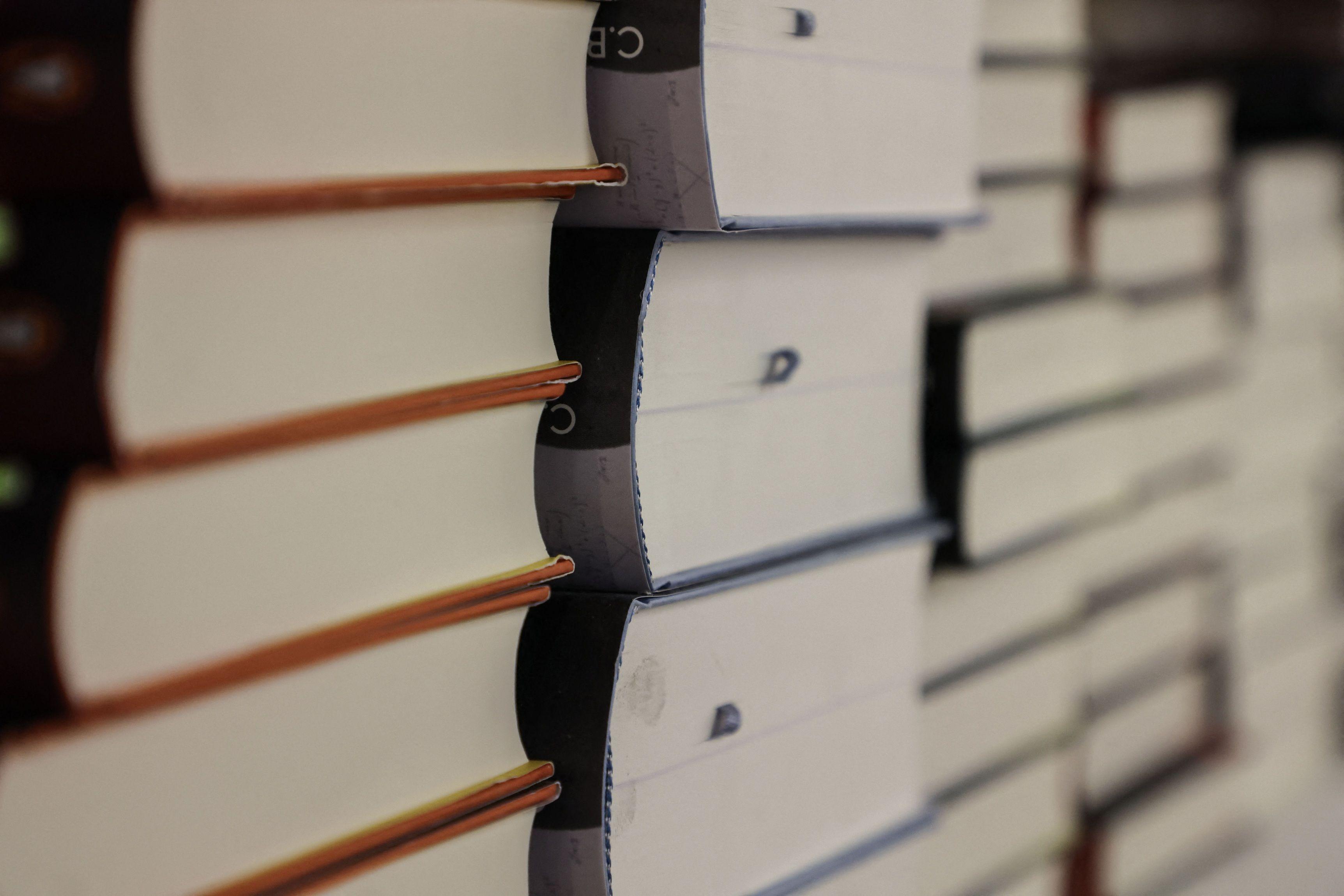 عرض كتب على رف خلال معرض في فرانكفورت