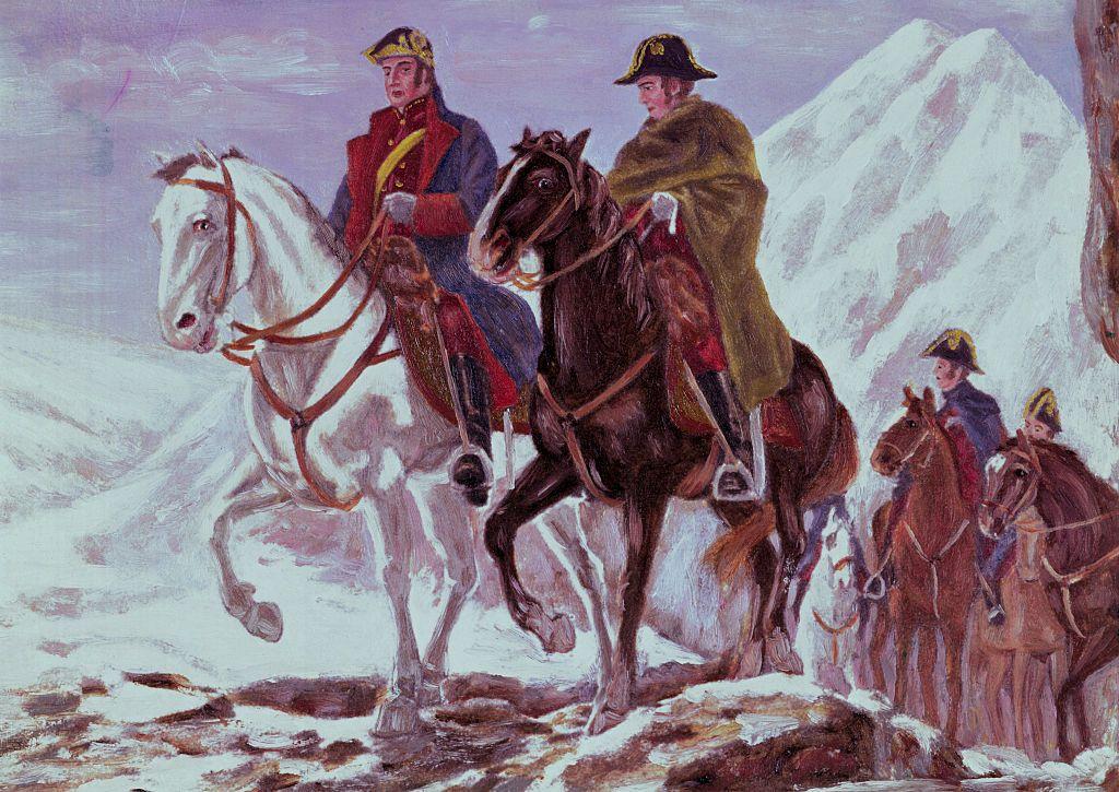 Pintura de José de San Martín a caballo con otros militares cruzando los Andes.