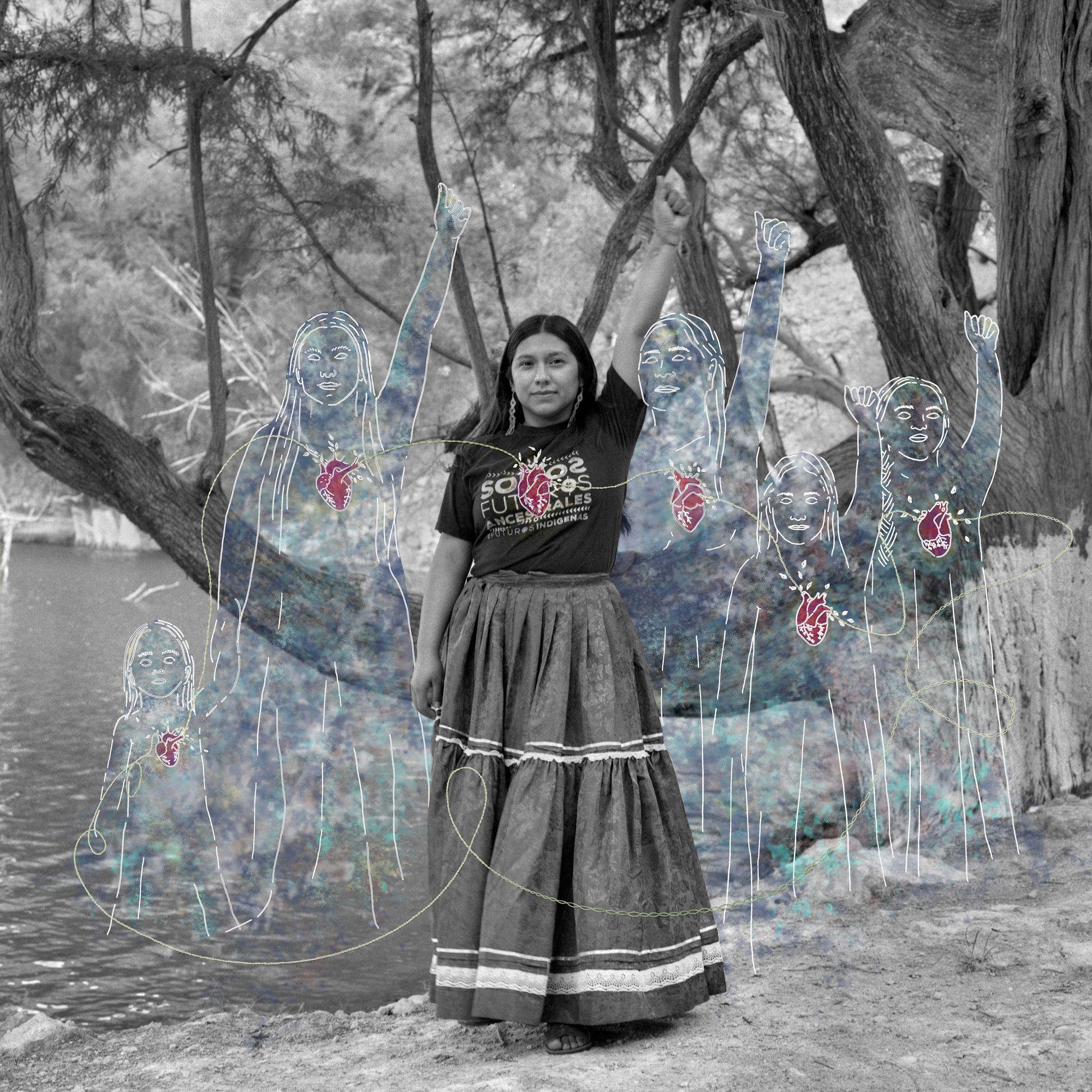 Una fotografía de una mujer de una comunidad indígena de México, con una ilustración digital superpuesta.
