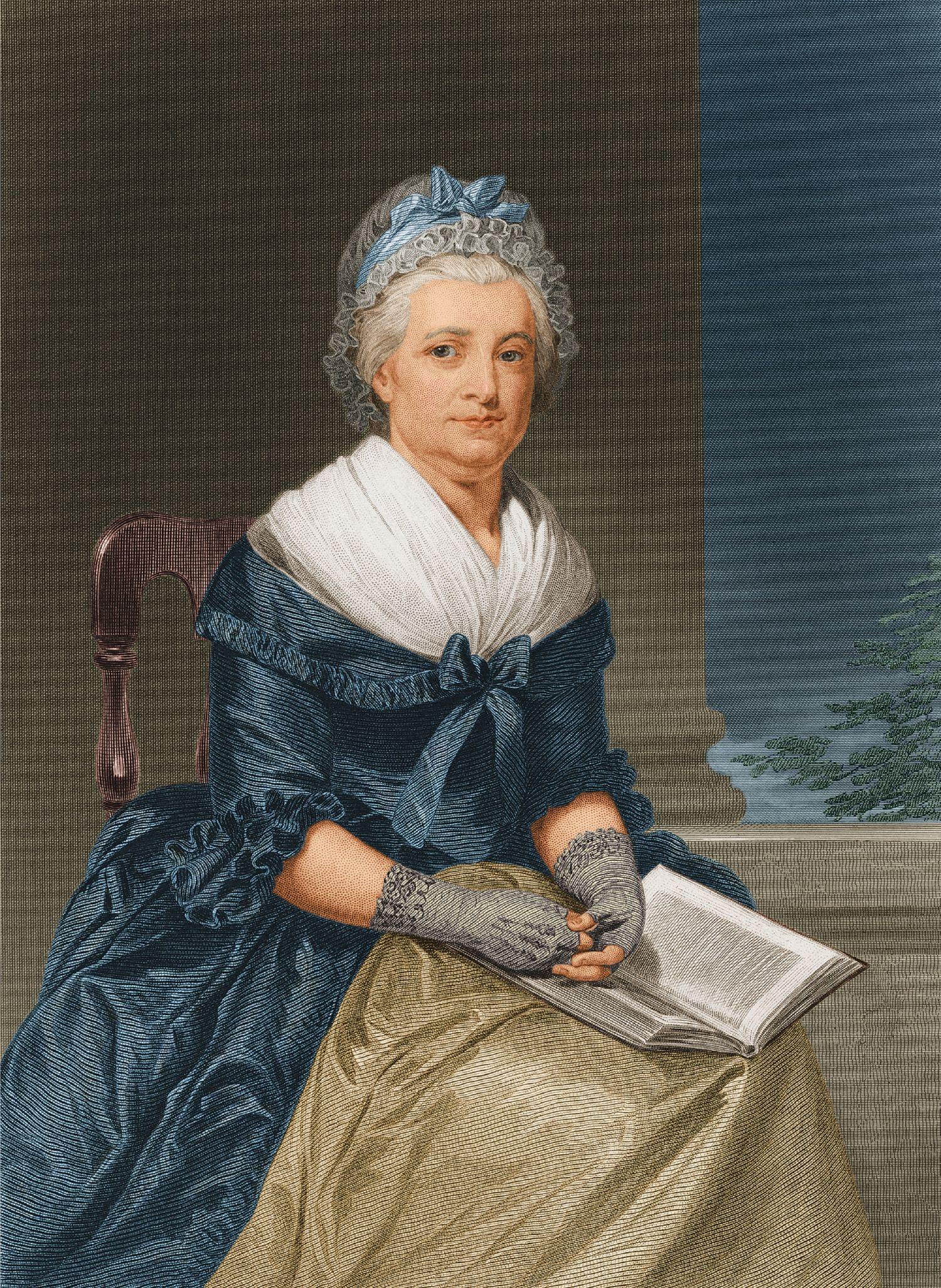 Retrato ilustrado de una mujer sentada con un libro abierto sobre el regazo, vestida con ropa del siglo XVIII.