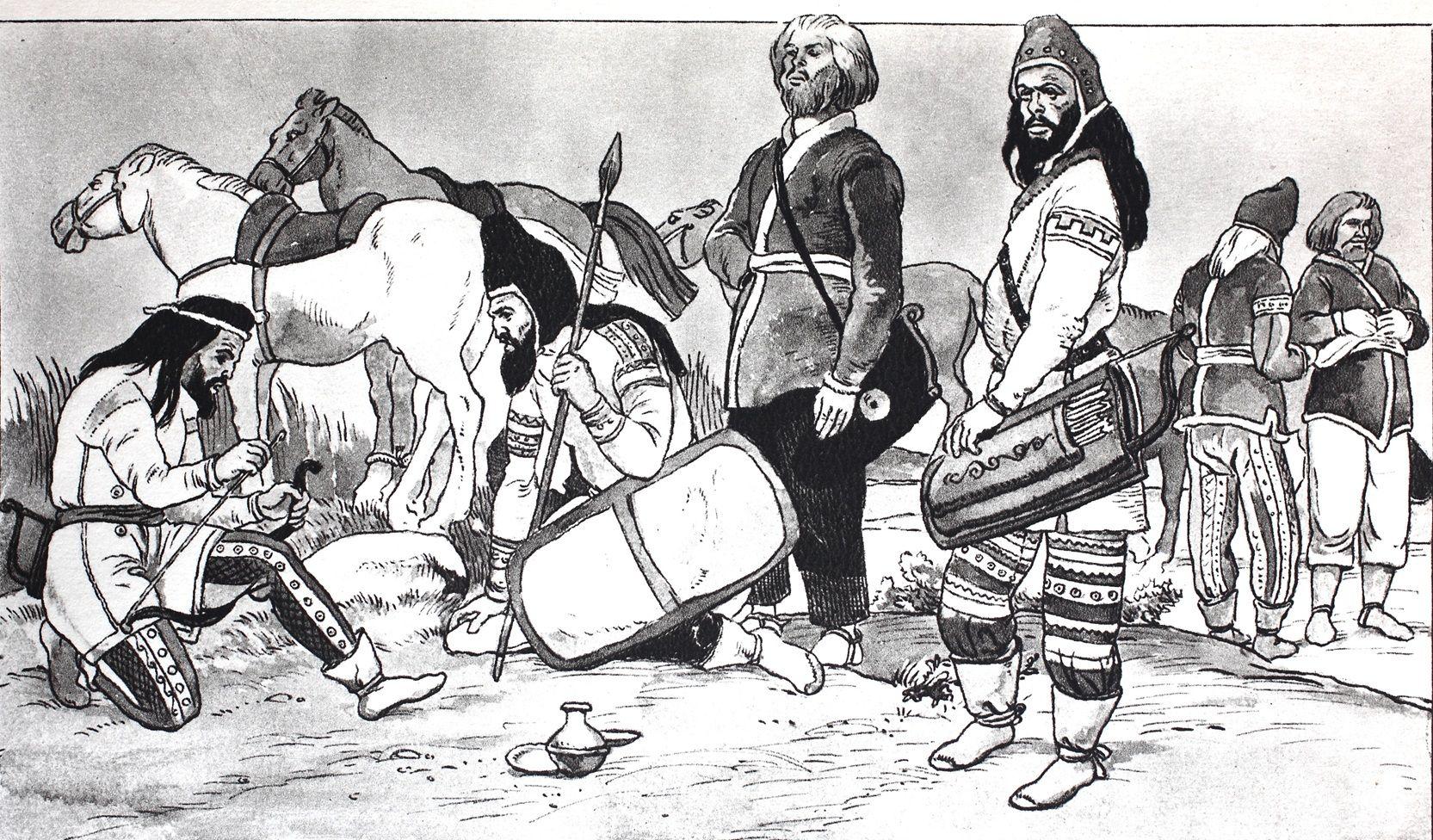Seis hombres en un campo. Tienen barbas y están vestidos con una especie de túnica corta y pantalones. Tres de ellos llevan gorros y todos tiene calzado que está amarrado en los tobillos. Unos están sentados, otros parados. Se ven flechas, un escudo, varios caballos.