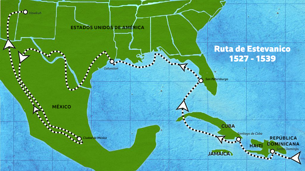 Mapa de la ruta de Estevanico (1527–1539) por el Caribe, Florida, la costa del Golfo de México y el norte de México, señalada con una línea punteada y flechas.