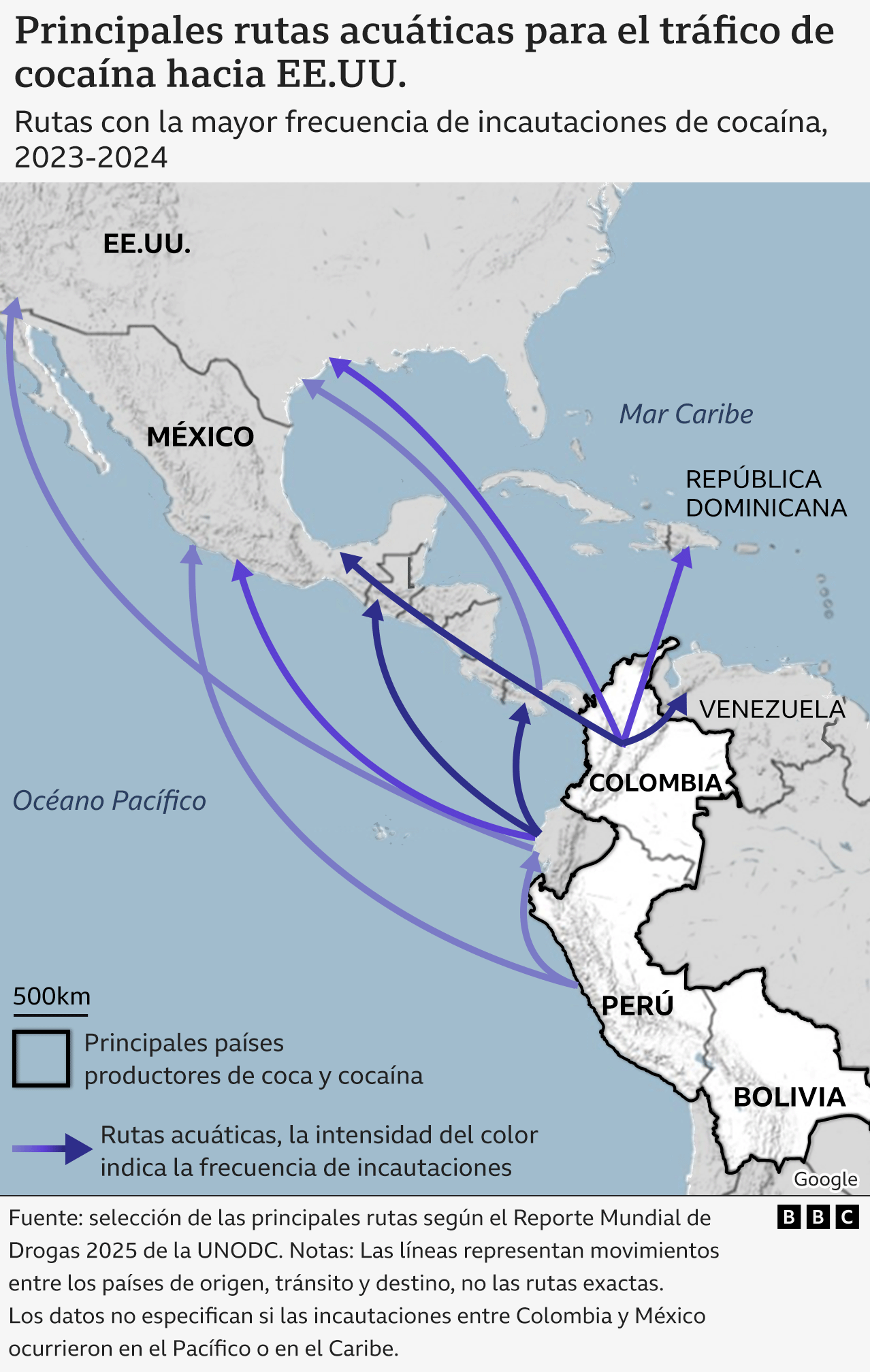 Mapa que muestra las rutas por agua para el tráfico de cocaína de América Latina a Estados Unidos.