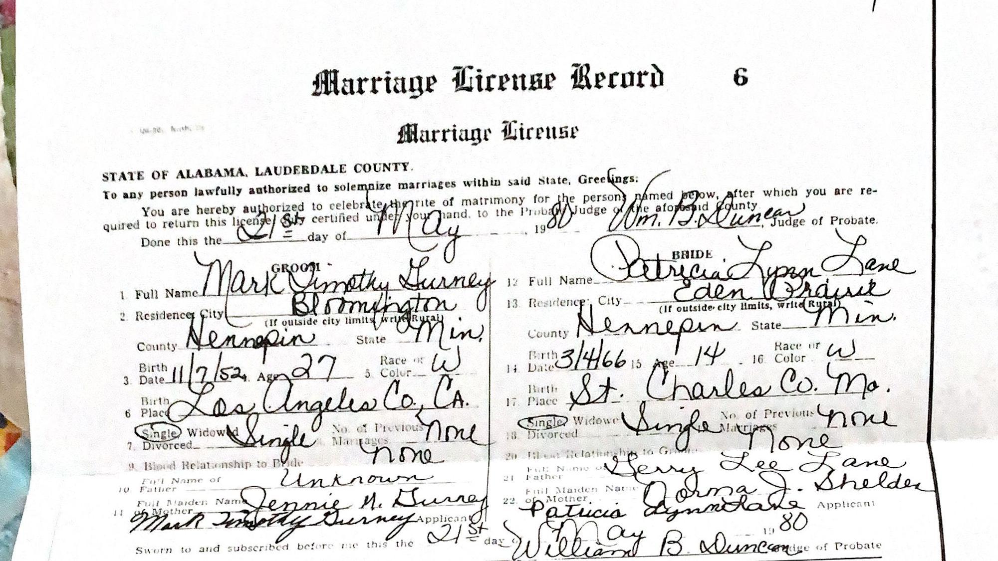 Certificado de matrimonio de Patricia Lane. 