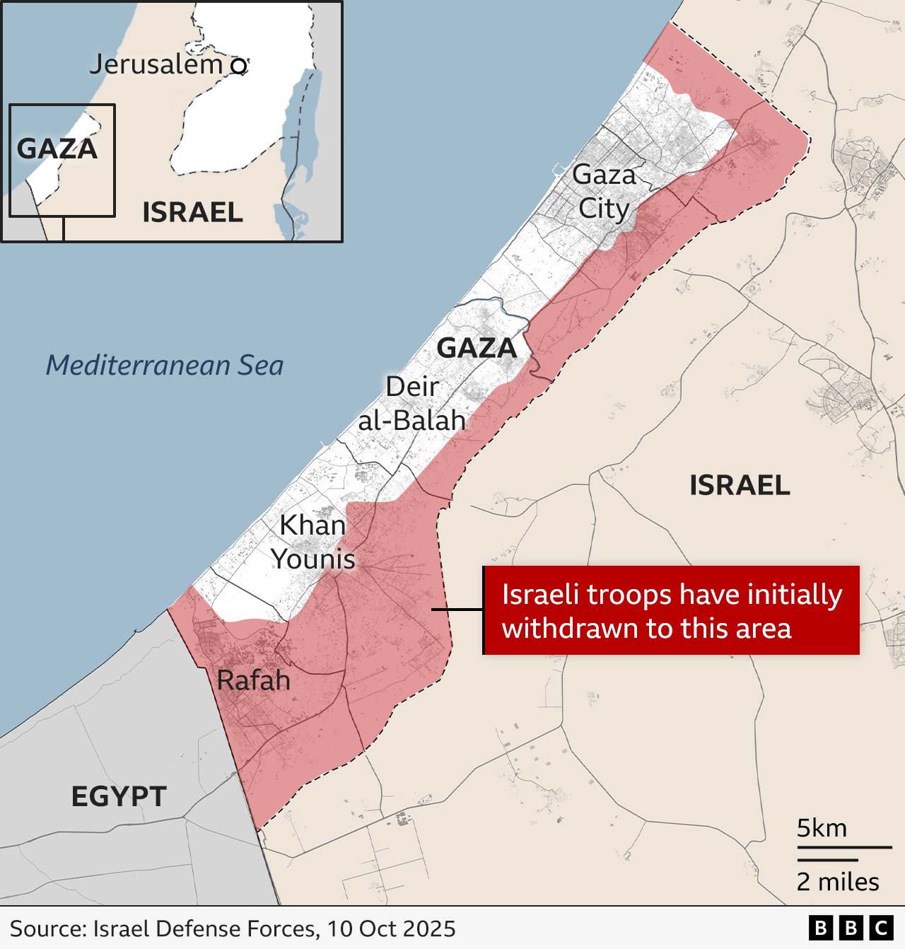 A map of Gaza showing the yellow line, behind which Israeli forces have withdrawn