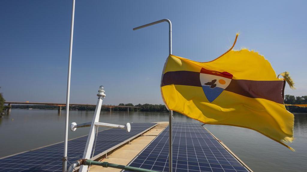 Bandeira amarela, com faixa marrom e bras&atilde;o vermelho, branco e azul com um p&aacute;ssaro ao centro