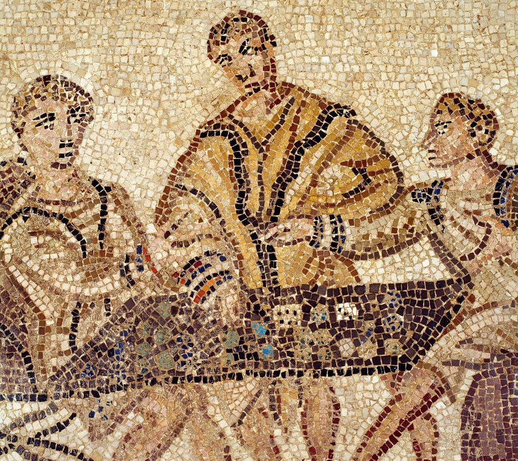 Jugadores de dados, panel de mosaico de Thysdrus, El Djem, Túnez. Civilización romana, siglo II d. C. 