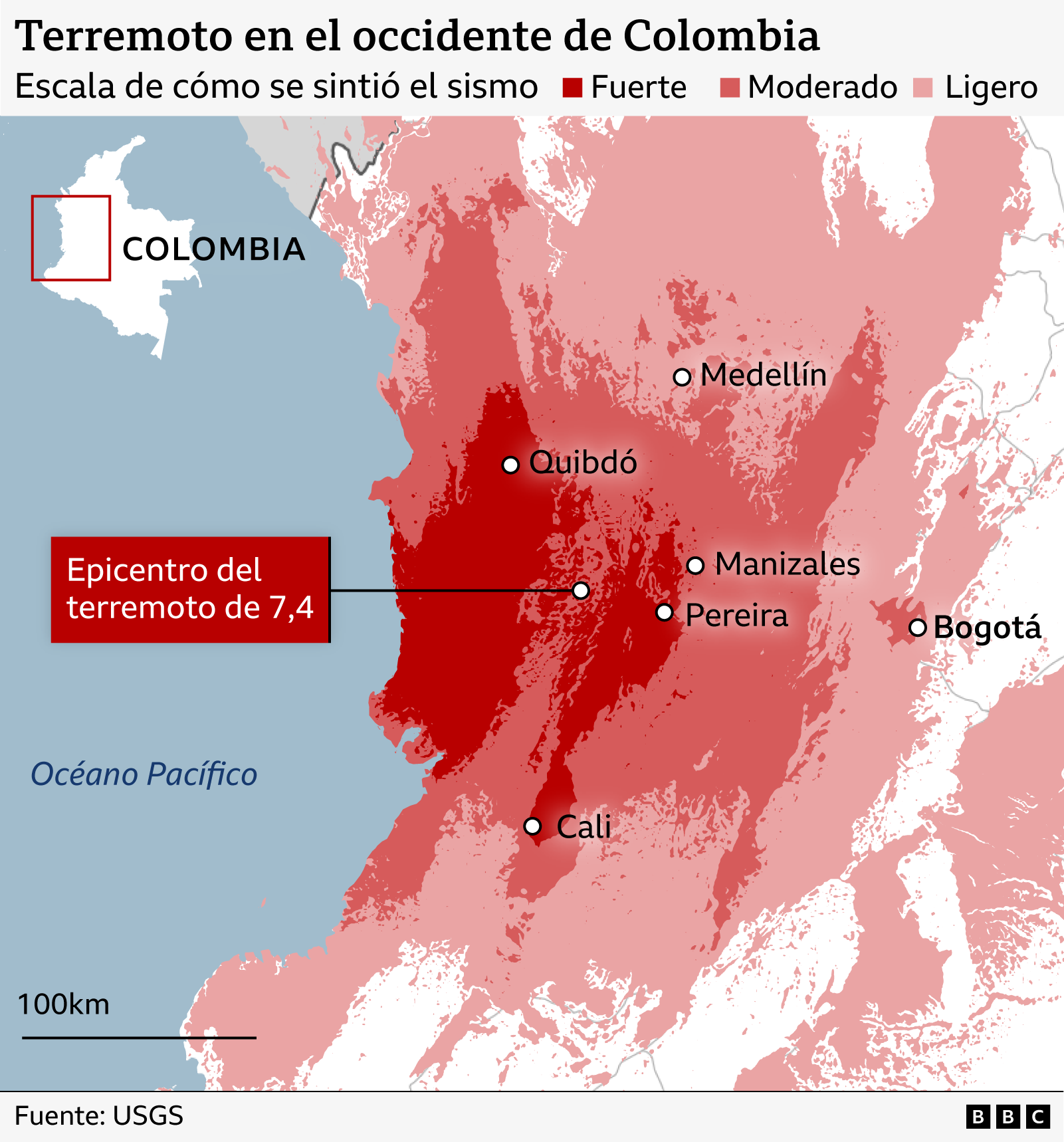 Mapa de intensidad del terremoto.