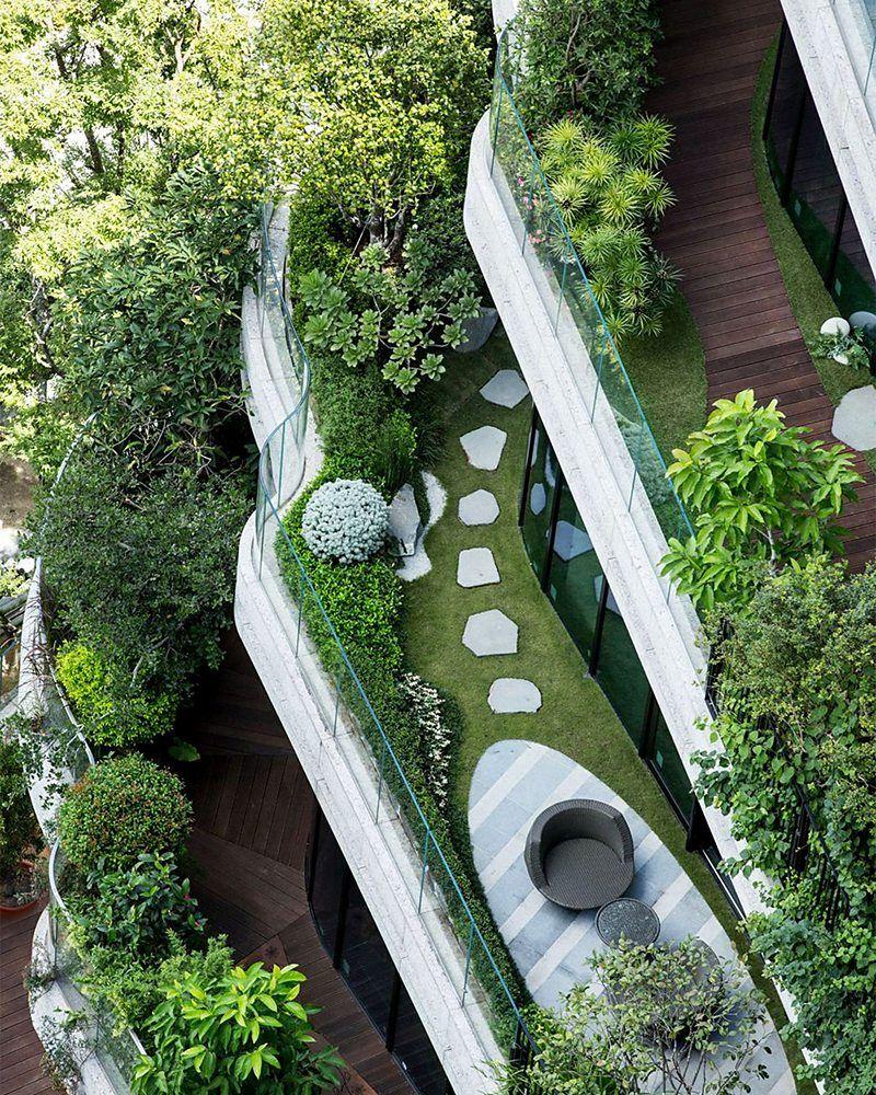 Detalhe das varandas do edifício Tao Zhu Yin Yuan, em Taiwan, vistas de cima