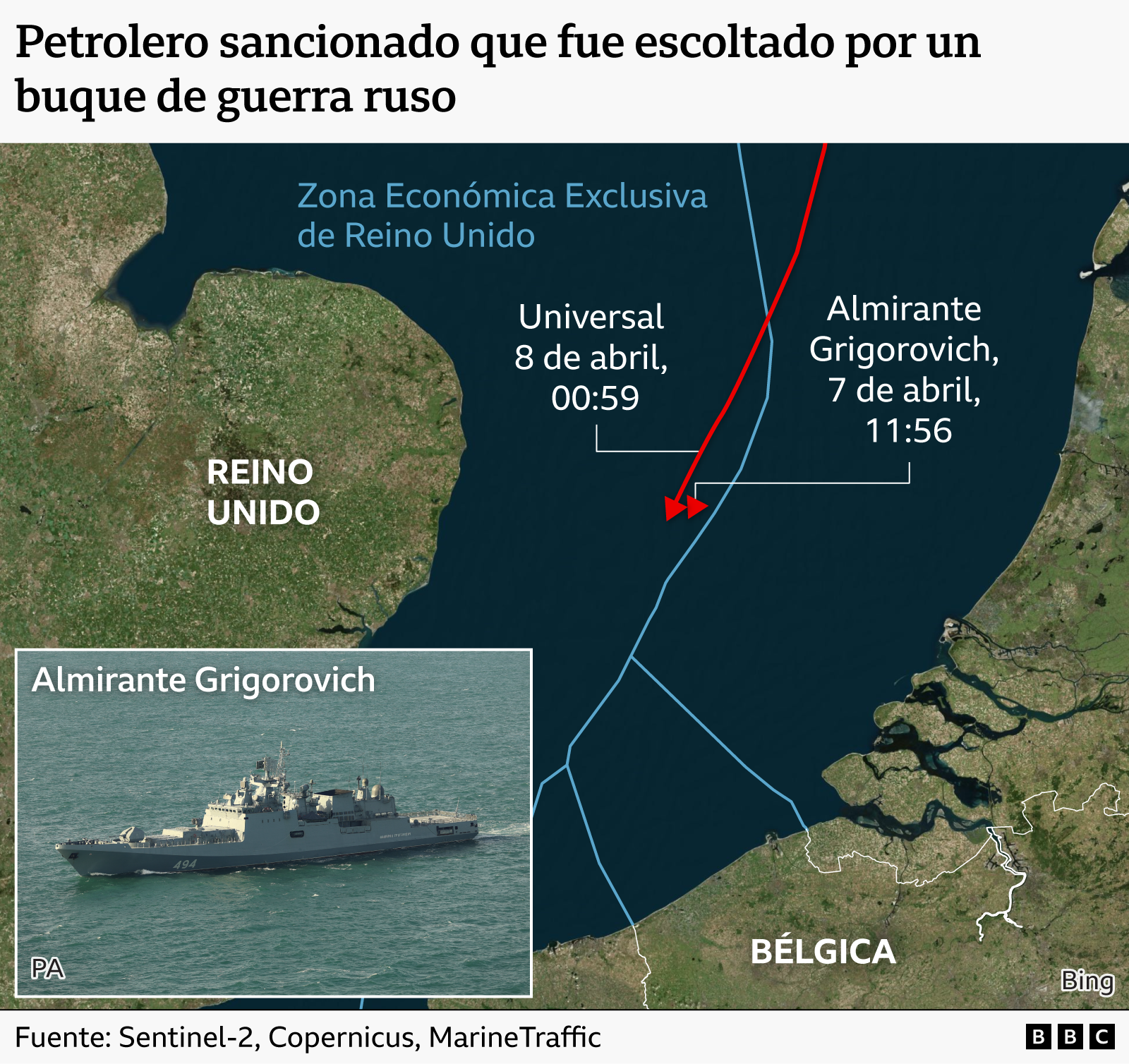Gráfico que muestra al petrolero ruso Universal, el cual fue escoltado por una fragata rusa a su paso por las aguas británicas.