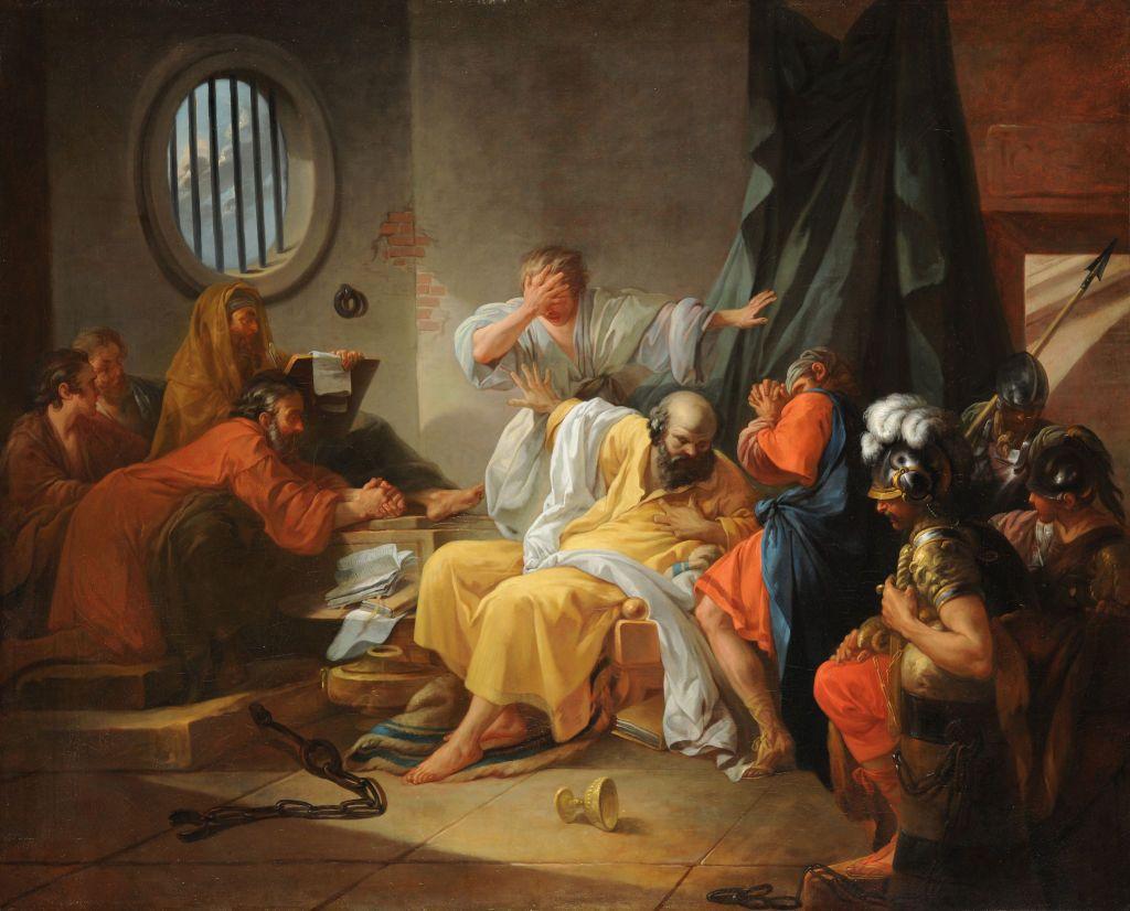 Escena en celda mostrando a Sócrates, la copa en el suelo, y sus acompañantes. 