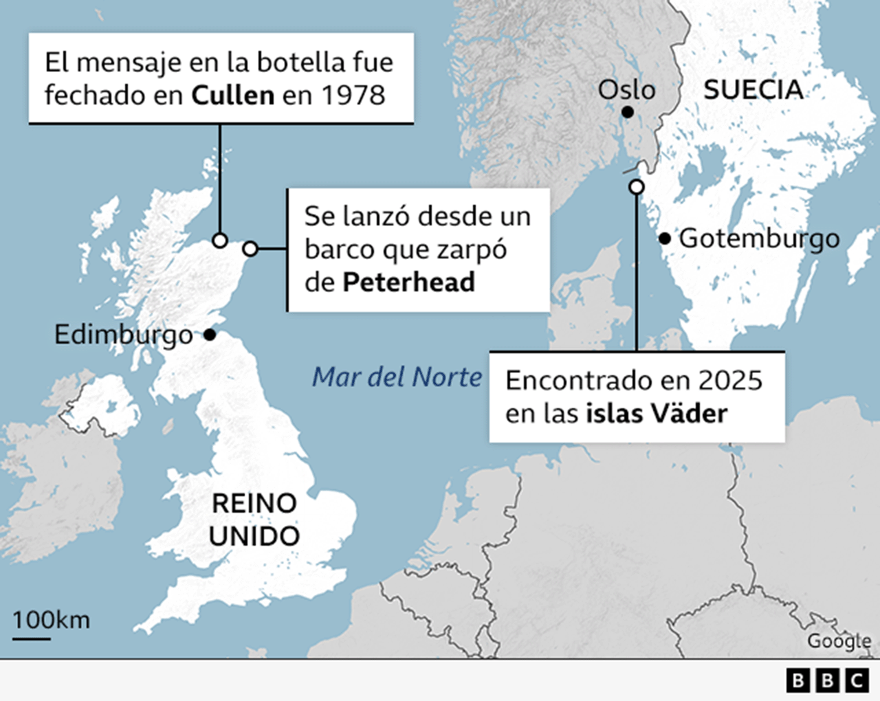 Mapa muestra a Cullen, Peterhead, el mar del Norte y Suecia