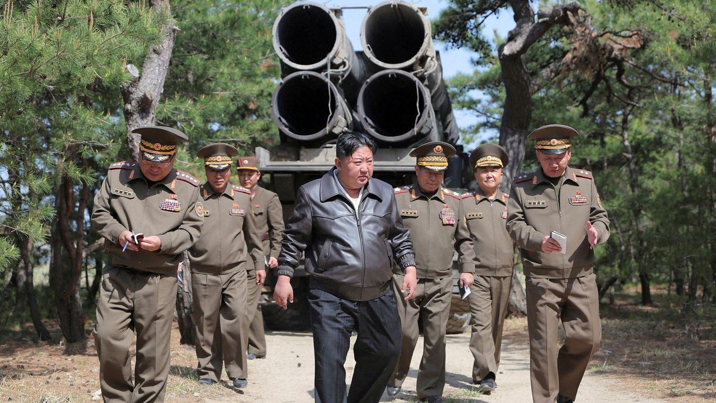A photo released by the Korean Central News Agency shows North Korean leader Kim Jong Un supervising a missile test, in North Korea, May 8, 2025.