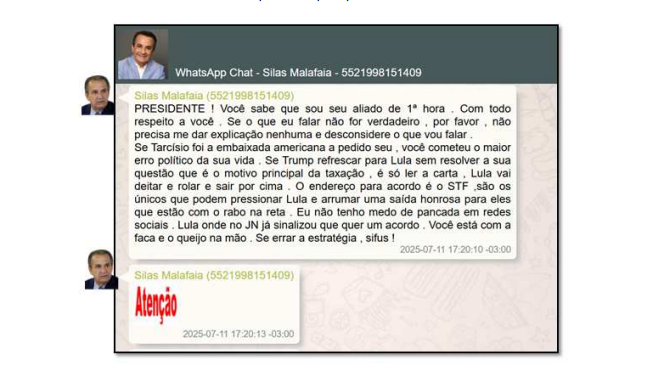 Captura das mensagens entre Jair Bolsonaro e Silas Malafaia reveladas pela PF