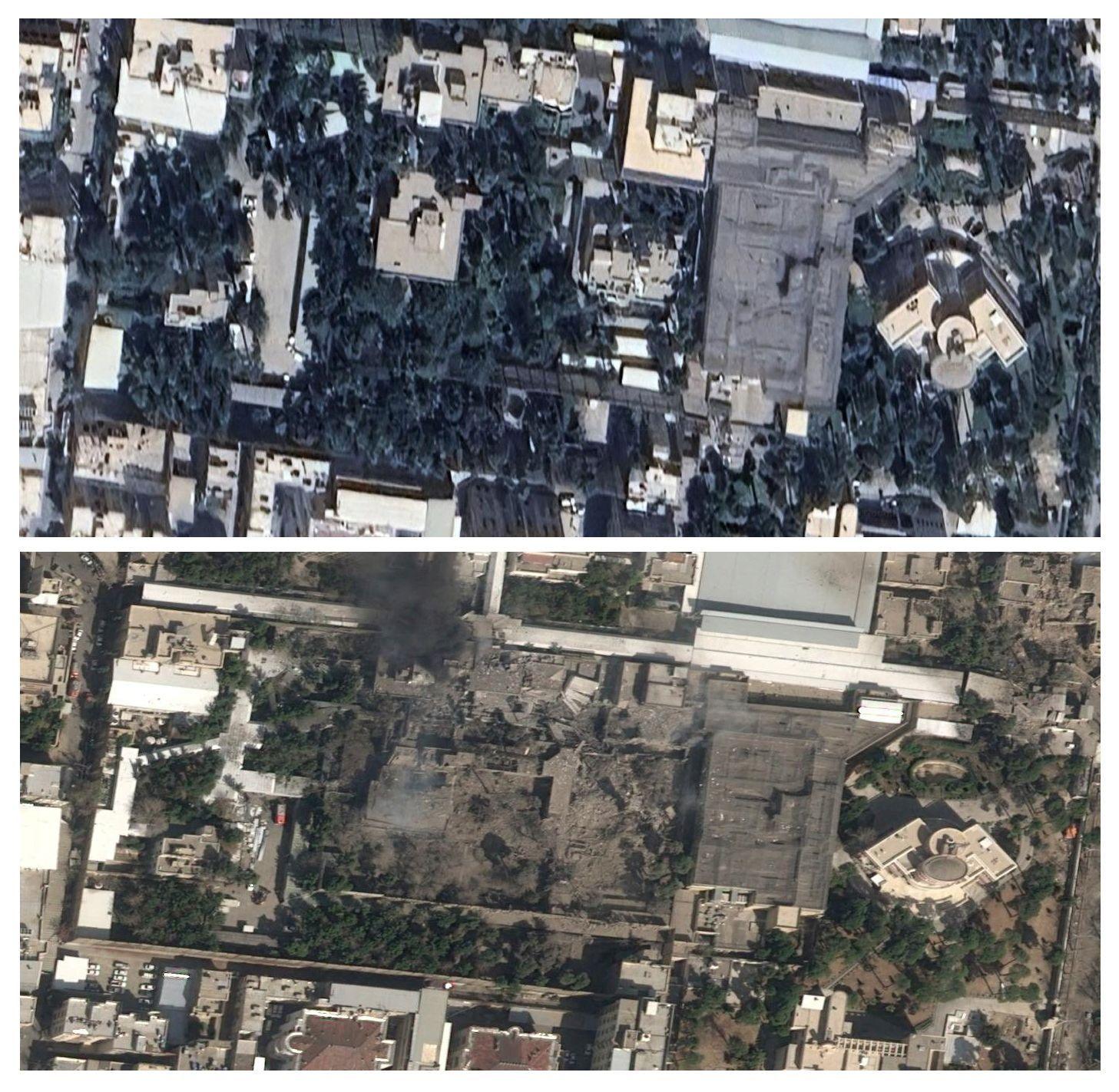 صورة مركبة من صور الأقمار الصناعية تُظهر الوضع قبل وبعد الغارات الجوية على مجمع آية الله علي خامنئي في طهران، إيران. 
