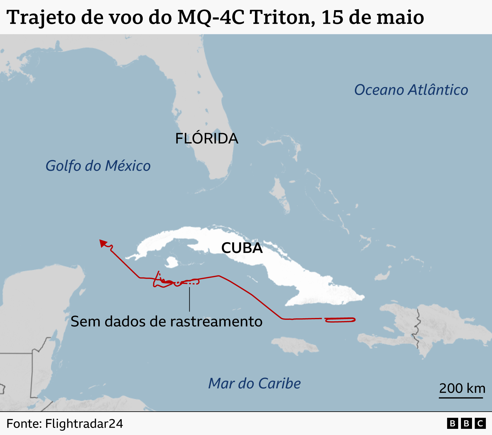 Mapa de Cuba, Flórida e áreas vizinhas, mostrando o trajeto de voo de um drone MQ-4C Triton americano, no dia 15 de maio
