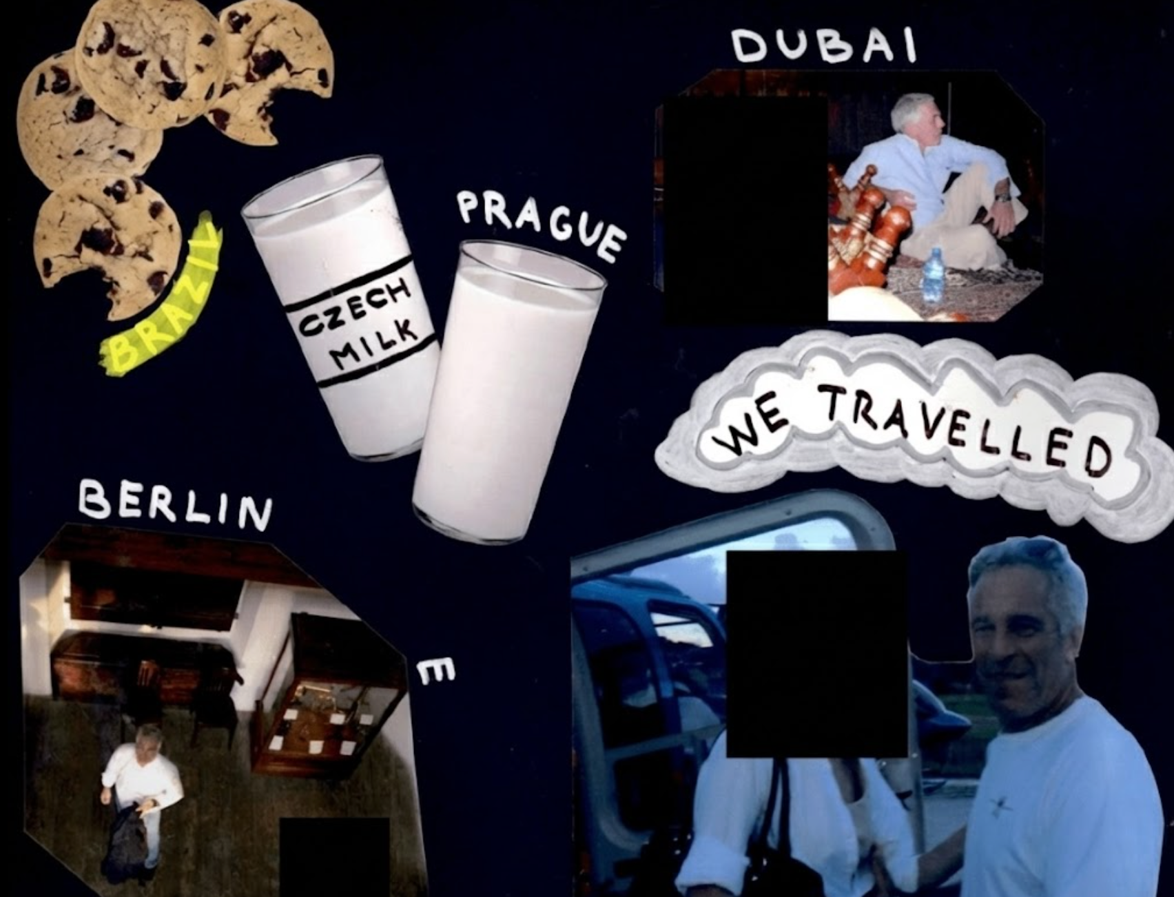 Brasil (grifado em amarelo) aparece como um dos destinos de viagem de Epstein em montagem nos arquivos divulgados pelo Departamento de Justi&ccedil;a americano