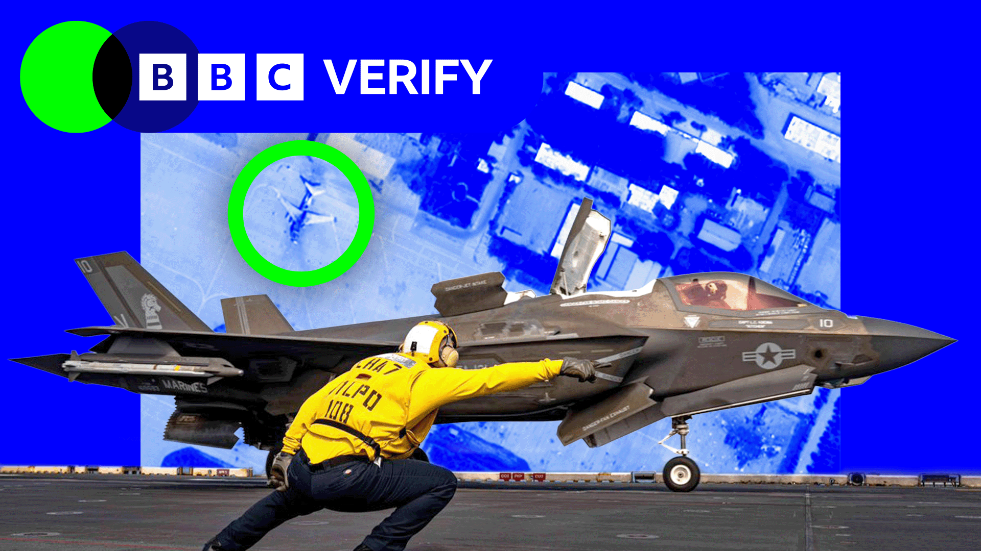 A US navy airman gives an F-35 fighter a signal to take off. He is wearing a yellow jacket and a helmet and is pointing towards the runway. The jet is armed with missiles and is painted grey. The image is imposed over a satellite photo of an airbase in Iran where damaged jets are highlighted.