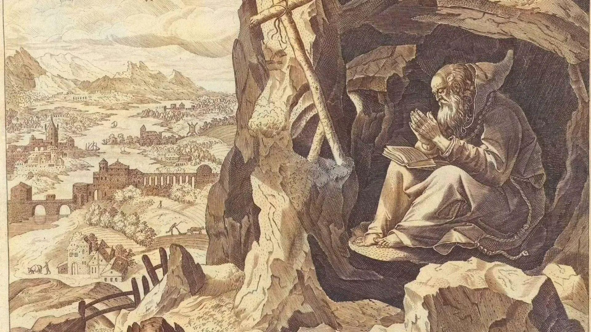 رسم تاريخي أحادي اللون يُظهر راهباً، يجلس داخل كهف صخري ويتأمل كتاباً مفتوحاً أمامه، بينما تبدو في الخلفية مدينة وحقول وجبال.