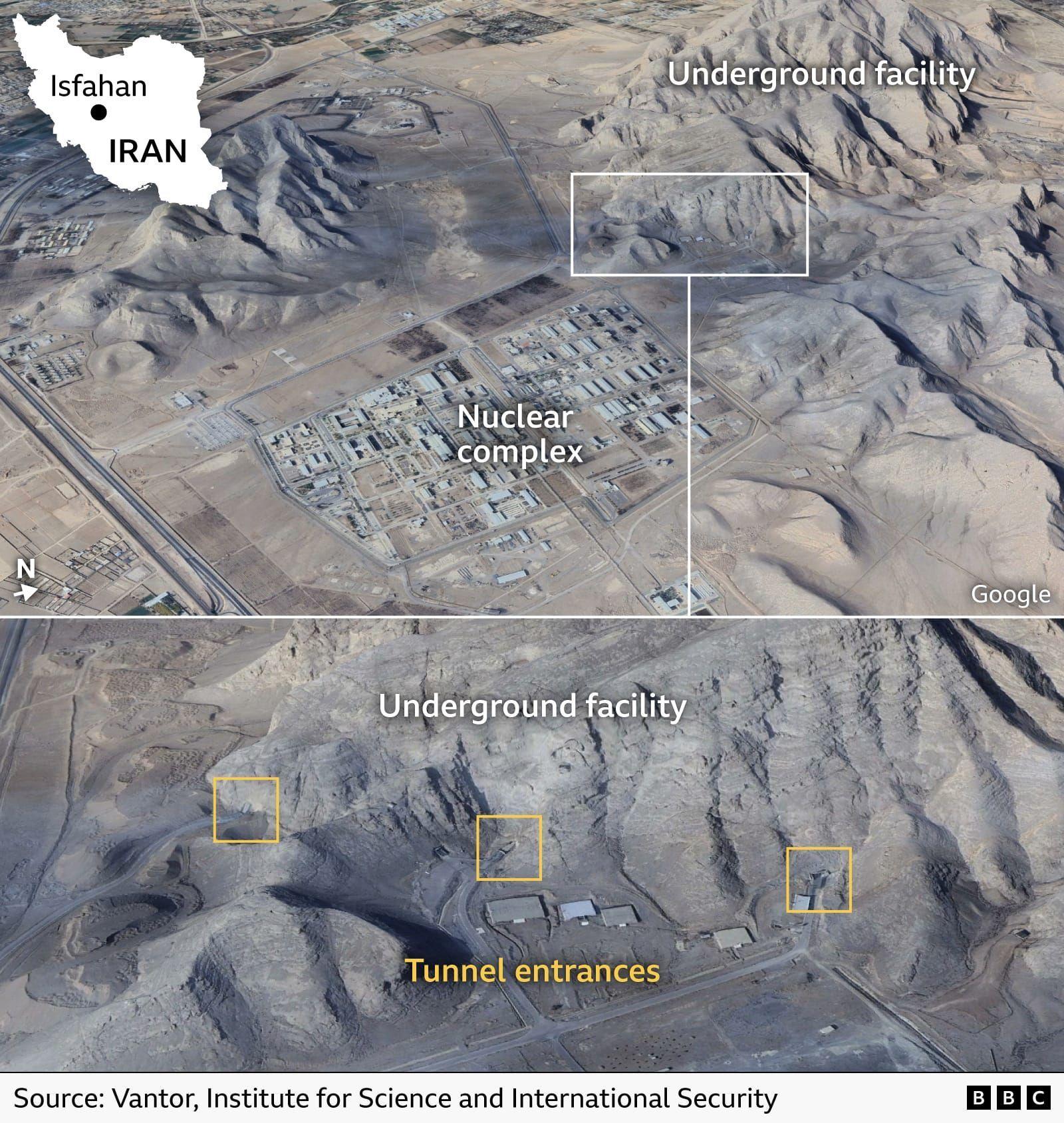 Image shows the Isfahan nuclear site with annotations added by the BBC to point to tunnel entrances