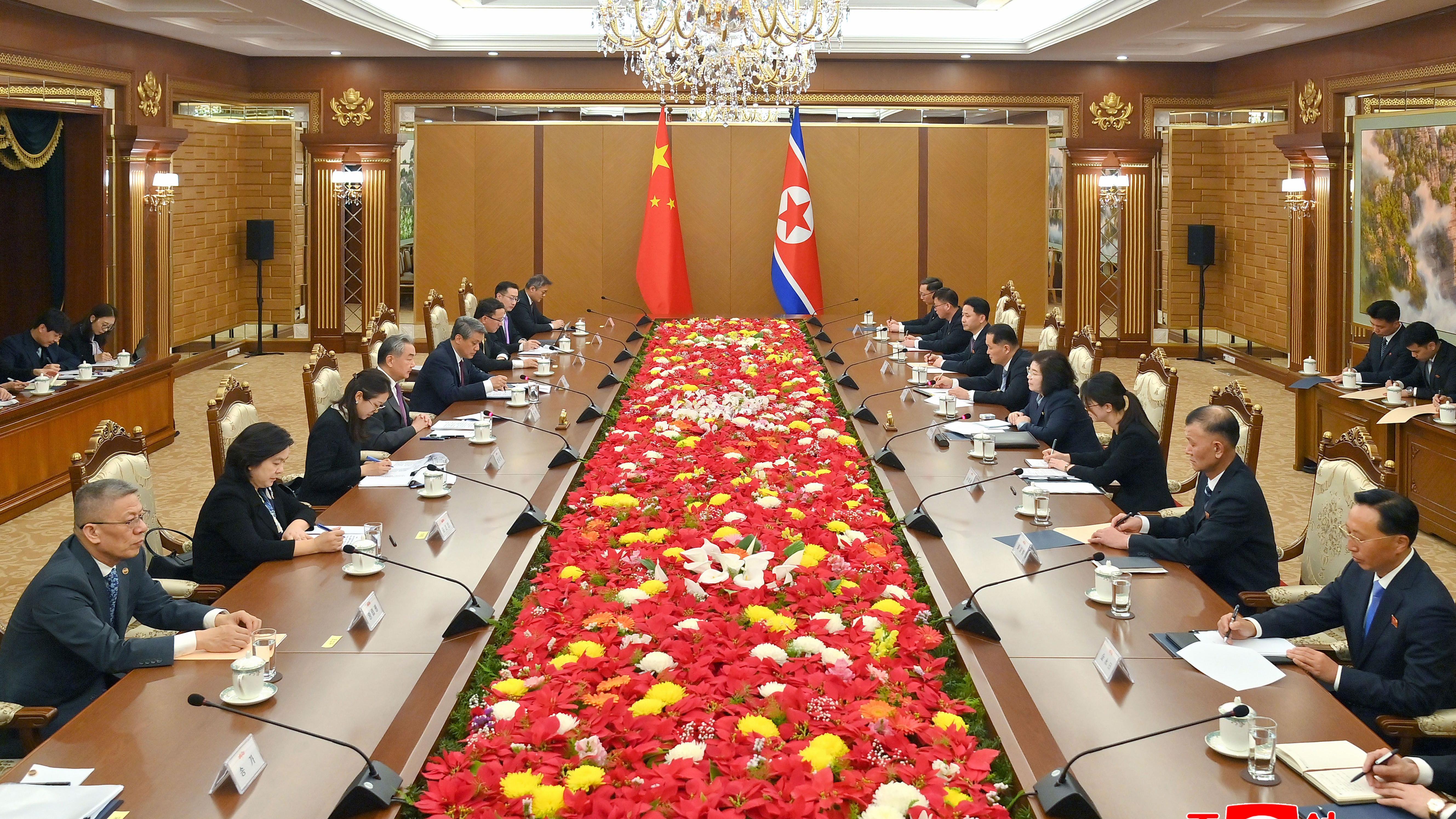 中國外交部長王毅（左四）在朝鮮平壤錦繡山國賓館與朝鮮外務相崔善姬（右四）會晤