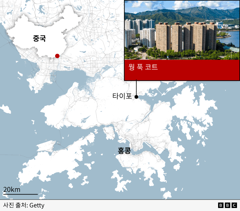 중국, 홍콩, 타이포가 표시된 지도 중앙의 타이포에 핀이 찍혀 있으며 핀과 연결된 박스에는 화재 전 '웡 푹 코트'의 모습을 보여주는 박스가 나타난다