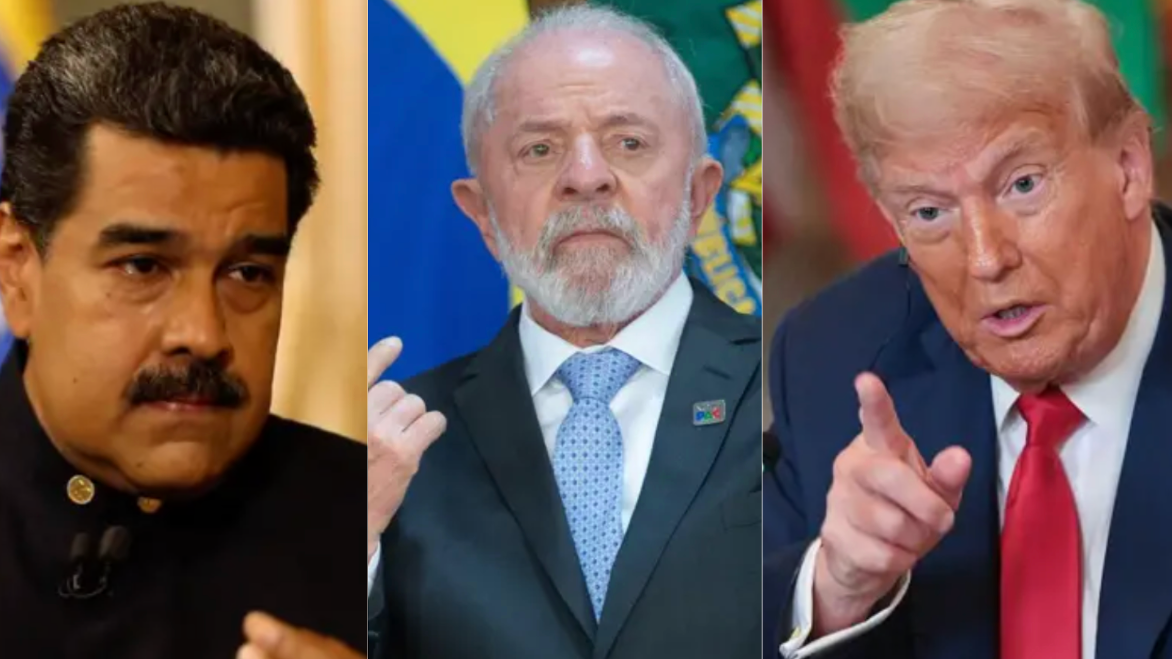 Montagem de fotos com Nicolás Maduro à esquerda, Lula ao centro e Donald Trump à direita