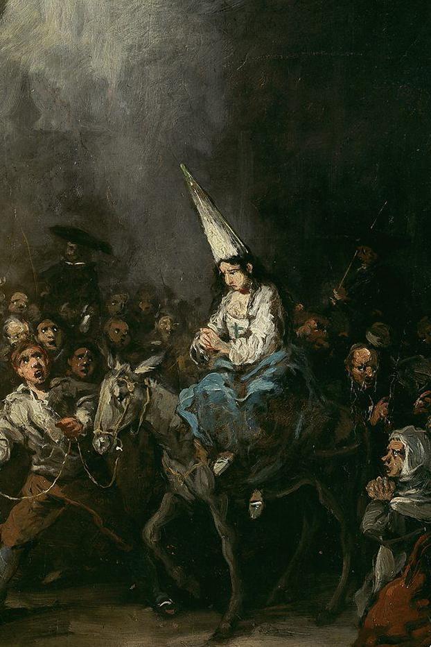 Pintura mostra uma mulher usando capirote sobre um jumento em meio a uma multidão