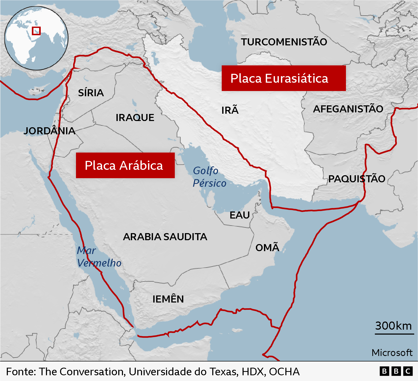 Mapa do Oriente M&eacute;dio que mostra as placas Ar&aacute;bica e Eurasi&aacute;tica