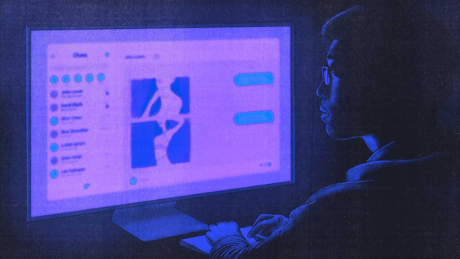 一名男子正在使用電腦與女性對話、使其傳送性影像。