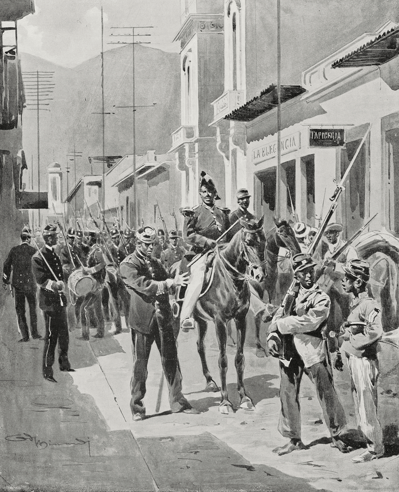 Unos soldados uniformados caminando y  uno de ellos montado en un caballo