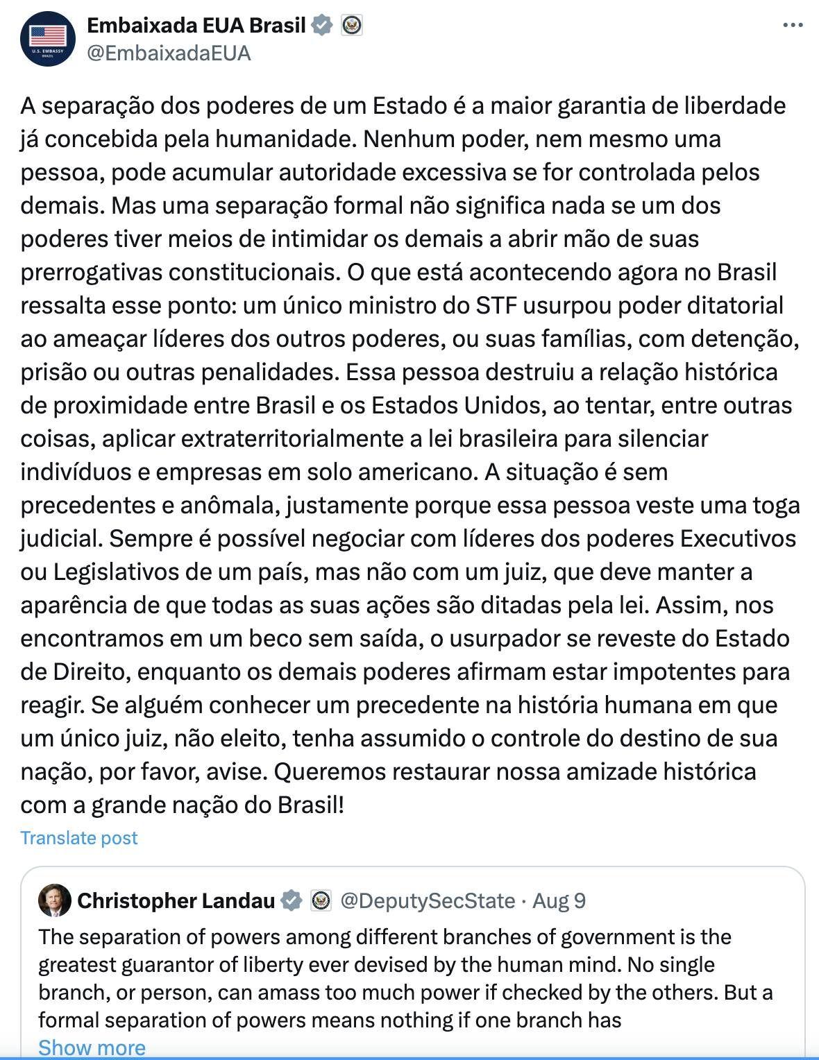 Print de post da Embaixada dos EUA no Brasil no X