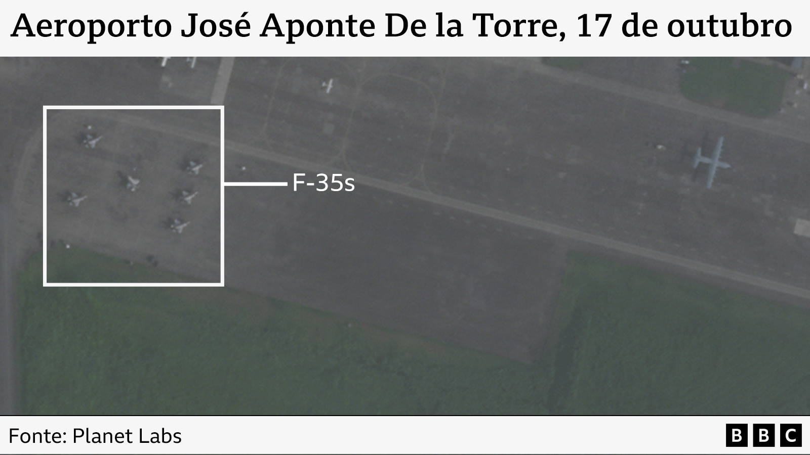 Imagem de satélite da pista do aeroporto José Aponte De La Torre, em Porto Rico. Um grupo de aviões no canto superior esquerdo foi destacado e identificado como caças F-35 dos EUA.