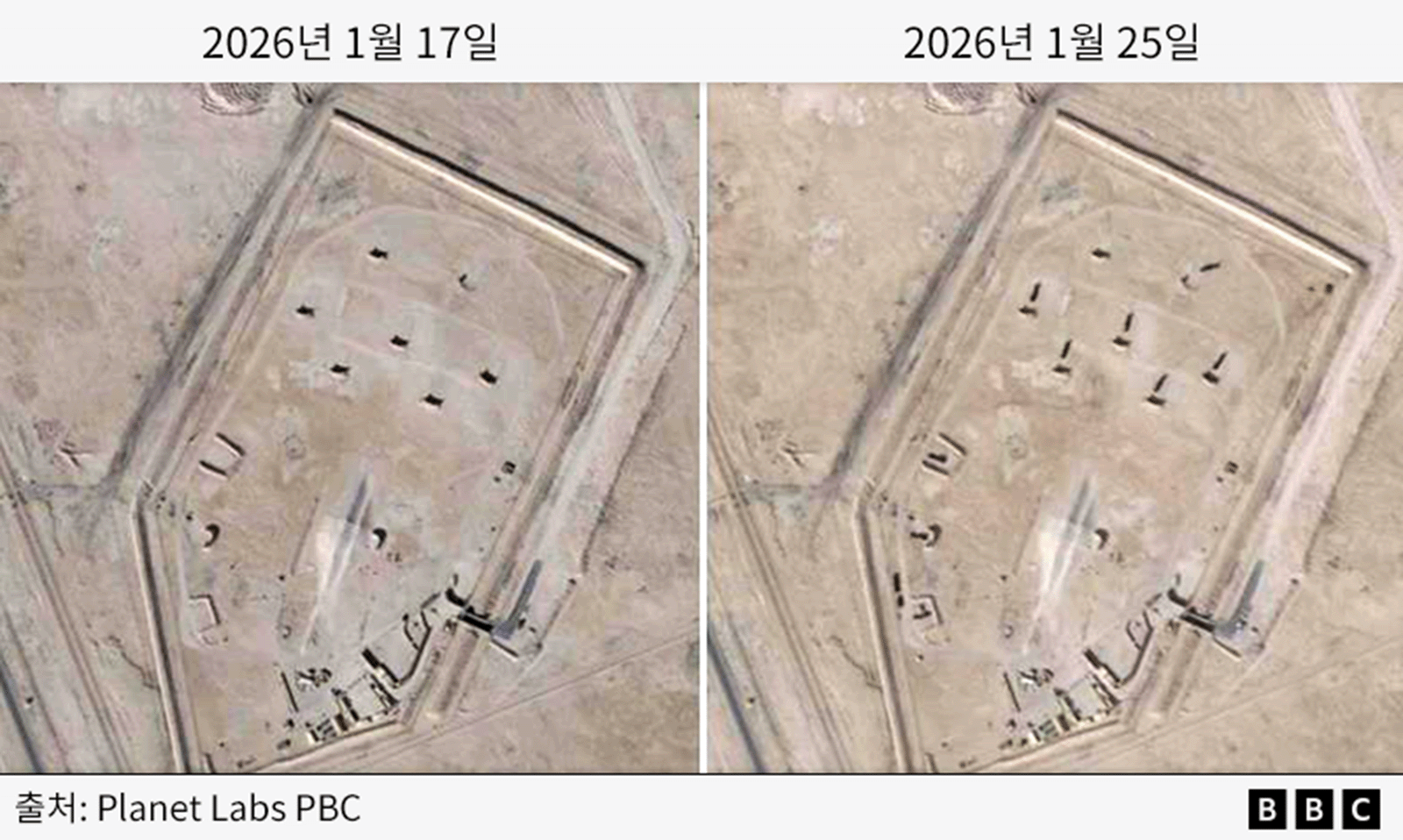 2026년 1월 17일과 1월 25일에 촬영된 카타르 알-우데이드 공군기지의 위성 사진
