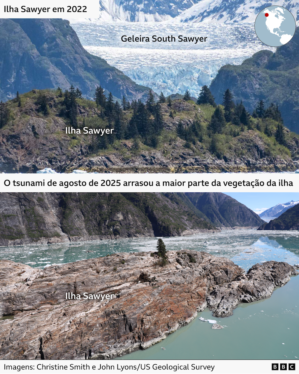 Mapa dos EUA e Canad&aacute; mostrando a localiza&ccedil;&atilde;o do fiorde de Tracy Arm no sudeste do Alasca.