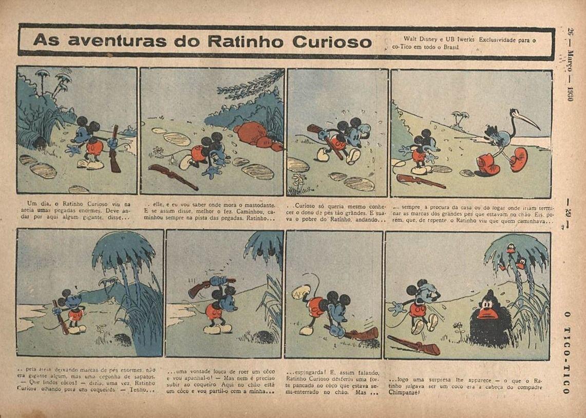 Página da revista O Tico Tico com tirinhas do Mickey Mouse sob o título 