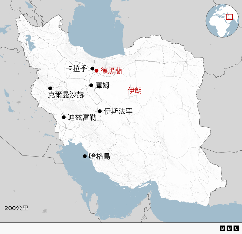 一張顯示據報遭到襲擊城市位置的地圖。