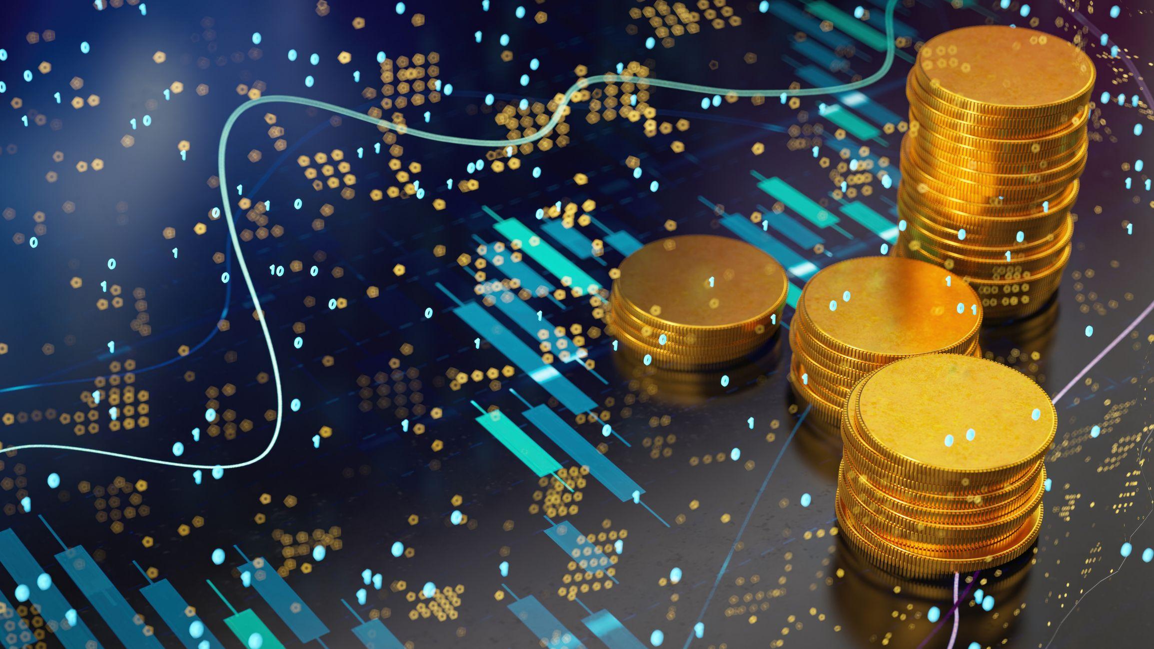 Moedas douradas empilhadas sobre uma tela com ilustrações digitais