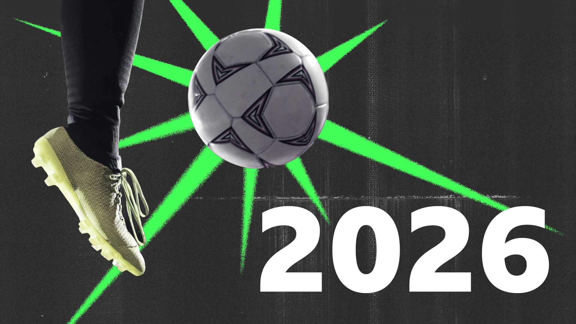 Un pie pateando un balón de fútbol y el número 2026.