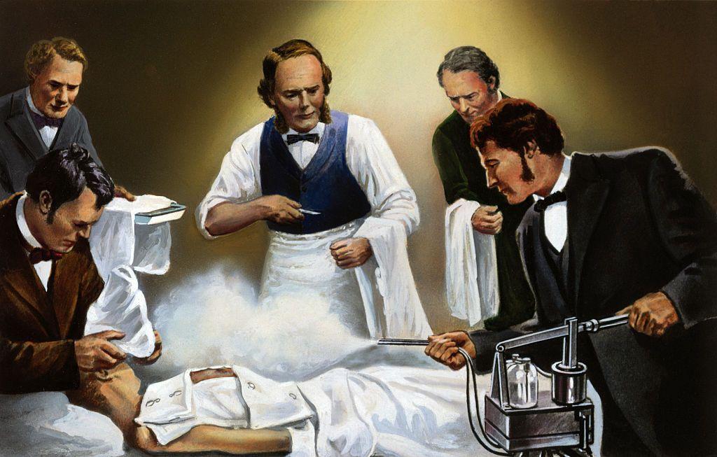 Joseph Lister dirigiendo el uso de ácido carbólico en aerosol en una de sus primeras intervenciones quirúrgicas antisépticas, circa 1865.