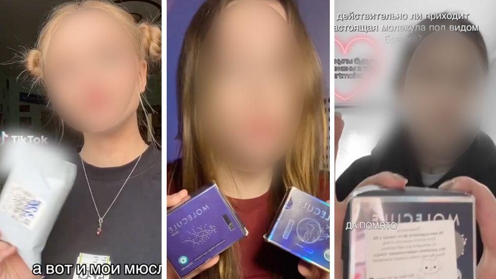 Adolescentes e jovens exibindo pílulas para emagrecer sem licença, vendidas como suplementos alimentares em mercados populares, em suas contas do TikTok.