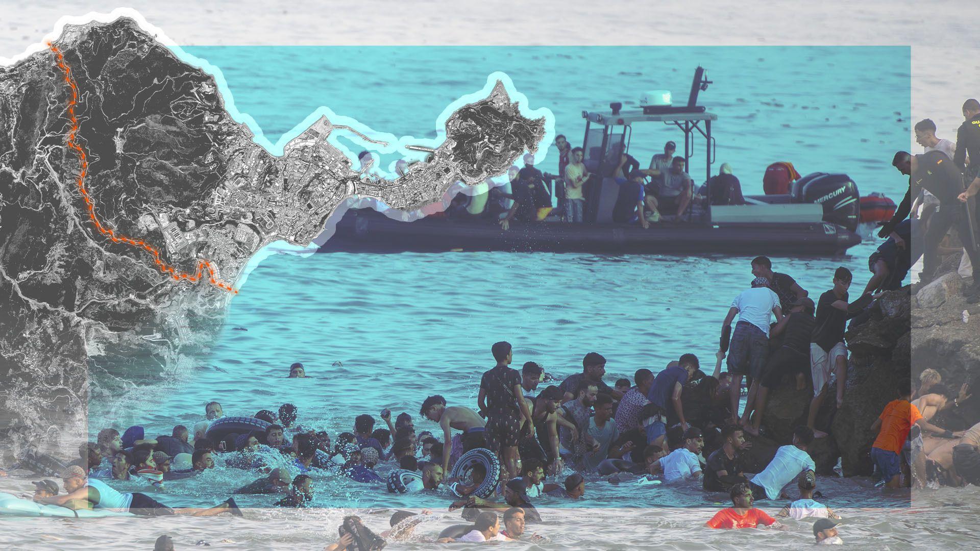 Composición que muestra un mapa de la frontera entre Marruecos y España y un grupo de personas tratando de cruzar a nado en el mar. En el fondo se ve un bote.