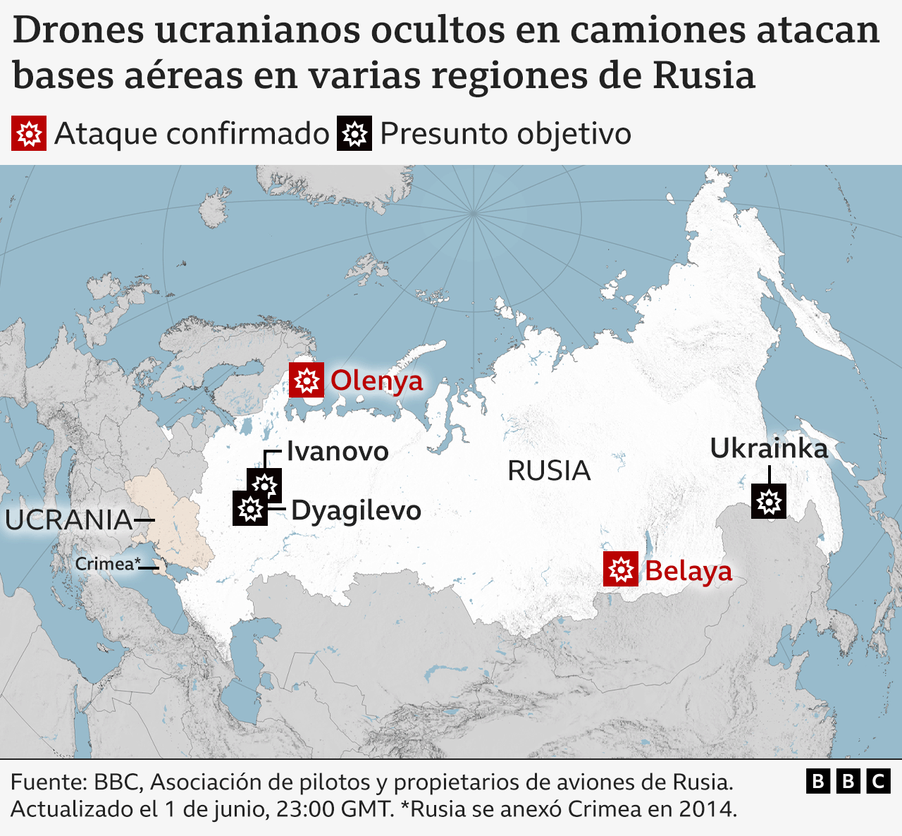 Mapas de ataques de Ucrania con drones sobre distintas regiones de Rusia.