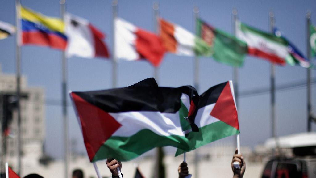 Unas manos sostienen la bandera palestina en un lugar donde están ondeando las banderas de muchos otros países.
