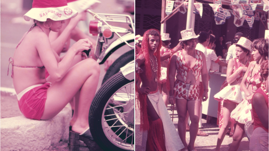 Imagens do Carnaval de rua do Rio em 1974: &agrave; esquerda, duas mulheres sentadas de biquini e chap&eacute;u do Salgueiro no meio fio; &agrave; direita, pessoas fantasiadas em um bloco
